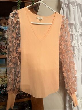entro Peach Knit V-Neck Top with Floral Mesh Sleeves